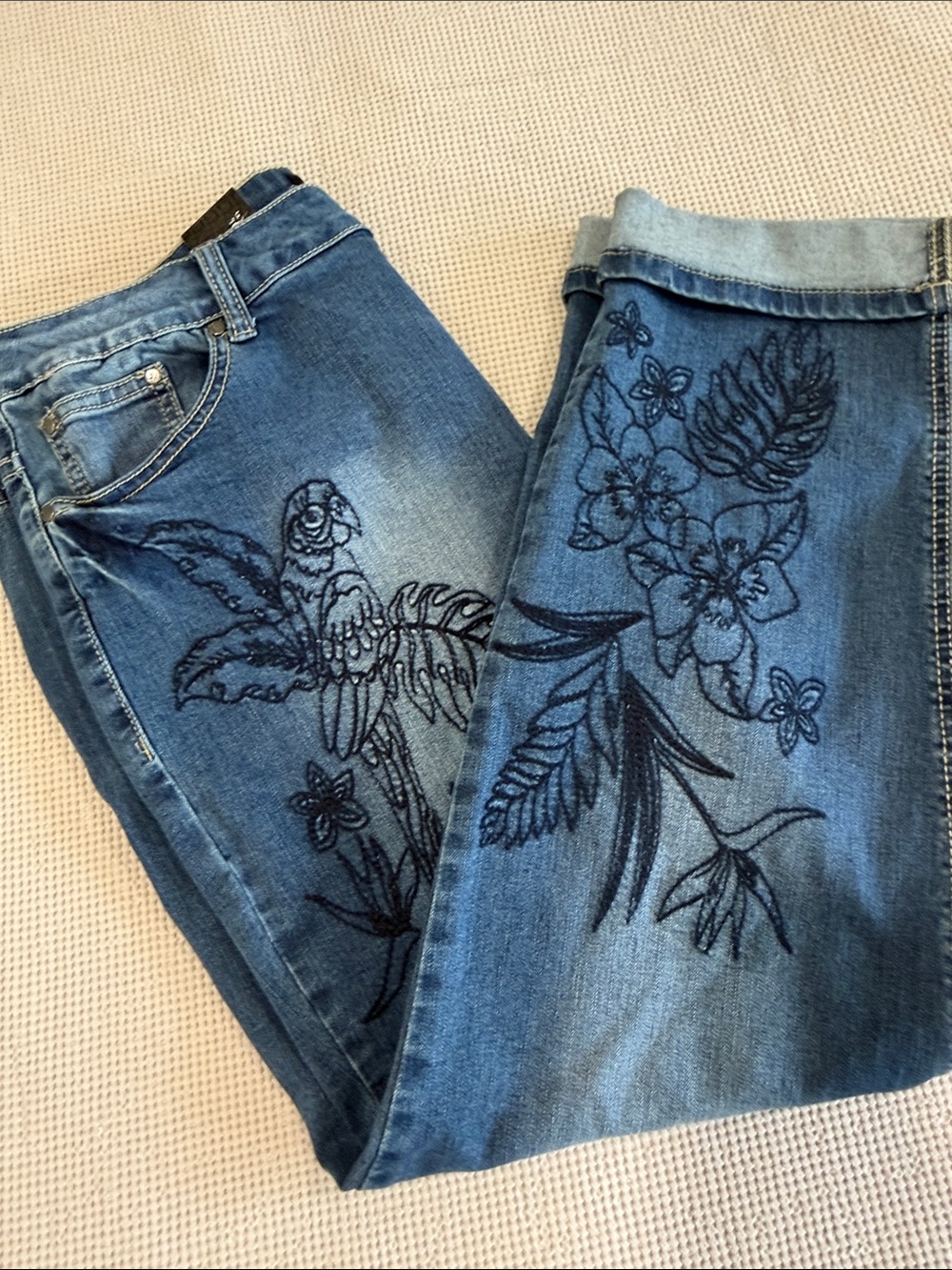Earl Jeans Blue Denim Relaxed Fit with Black Floral Embroidery